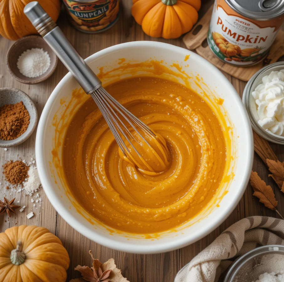 Mixing pumpkin filling with spices and cream cheese for no bake pumpkin pie.