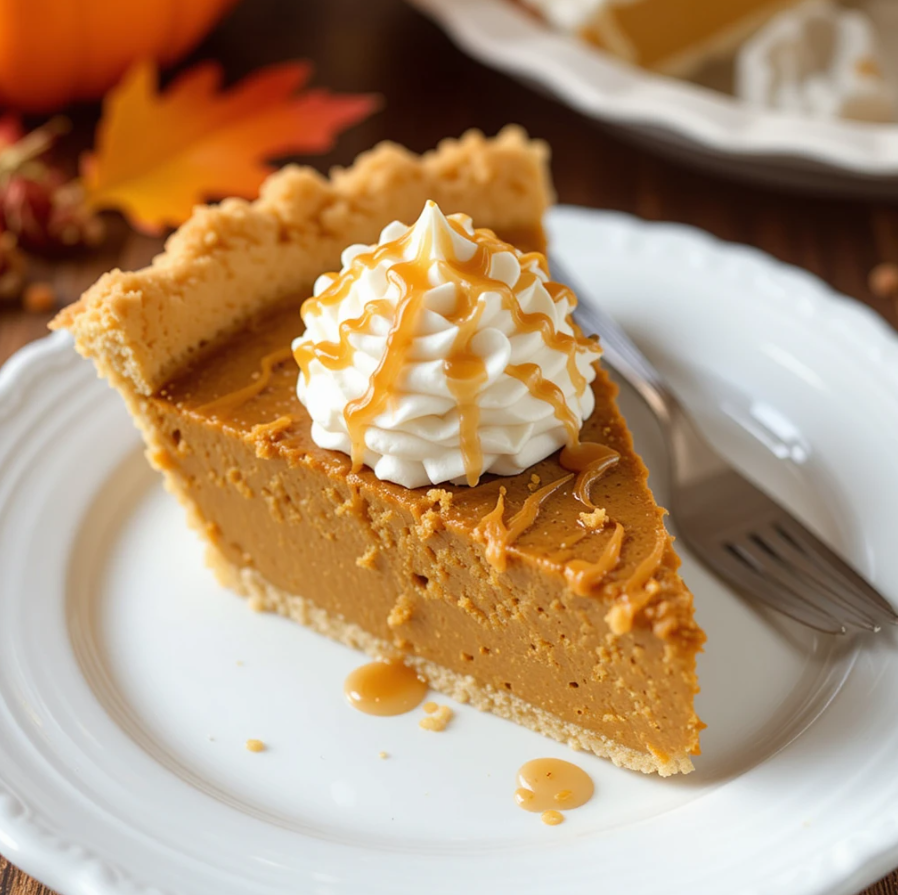 Slice of No Bake Pumpkin Pie garnished with whipped cream and caramel drizzle