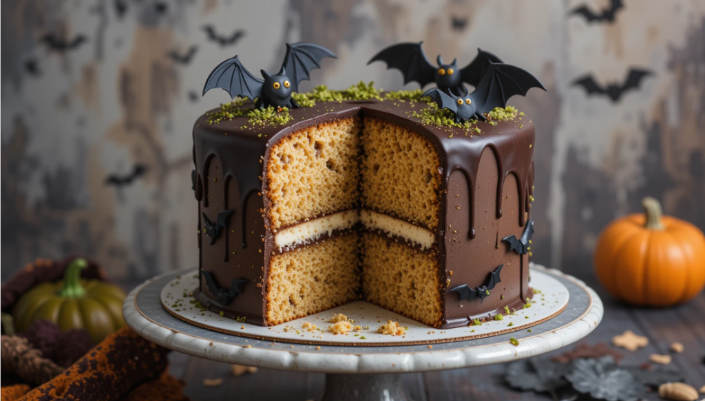Witches Cake 101: History, Recipes, and Tips for a Perfect Bake 3 A modern Witches Cake with chocolate frosting and spooky decorations, showcasing a delicious and creative twist on the traditional recipe