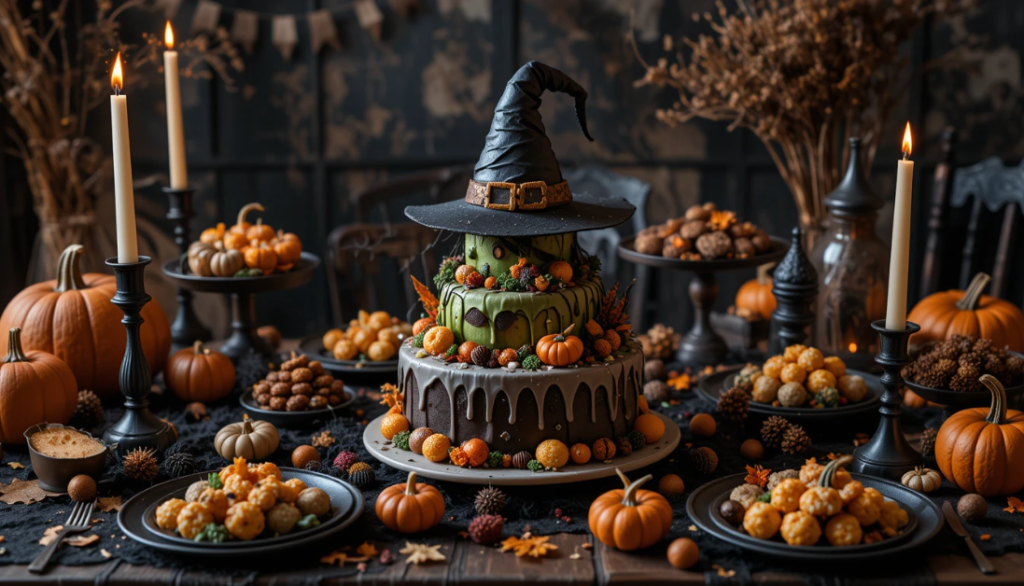 Witches Cake 101: History, Recipes, and Tips for a Perfect Bake 4 A Halloween party table with a Witches Cake as the centerpiece, perfect for spooky celebrations