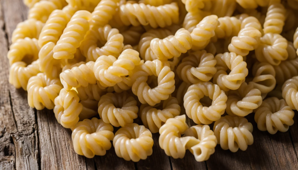 A close-up of uncooked cavatappi pasta on a rustic wooden surface, showcasing its spiral ridges and hollow center.