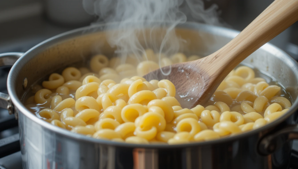 A pot of boiling water with cavatappi pasta being stirred with a wooden spoon, steam rising."