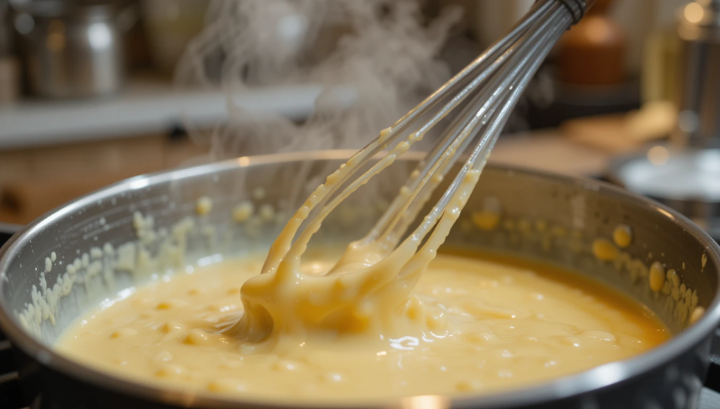 A close-up shot of a saucepan on a stove with creamy cheese sauce being whisked. The sauce has a smooth texture, and melted cheese is visible. The background is a cozy kitchen with soft lighting.