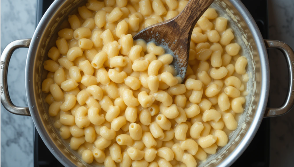 Stirring cooked pasta into a creamy cheese sauce in a large pot