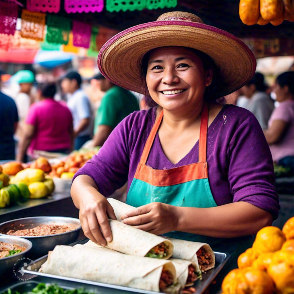 A street vendor in Mexico making burritos with simple, fresh ingredients at a market stall.