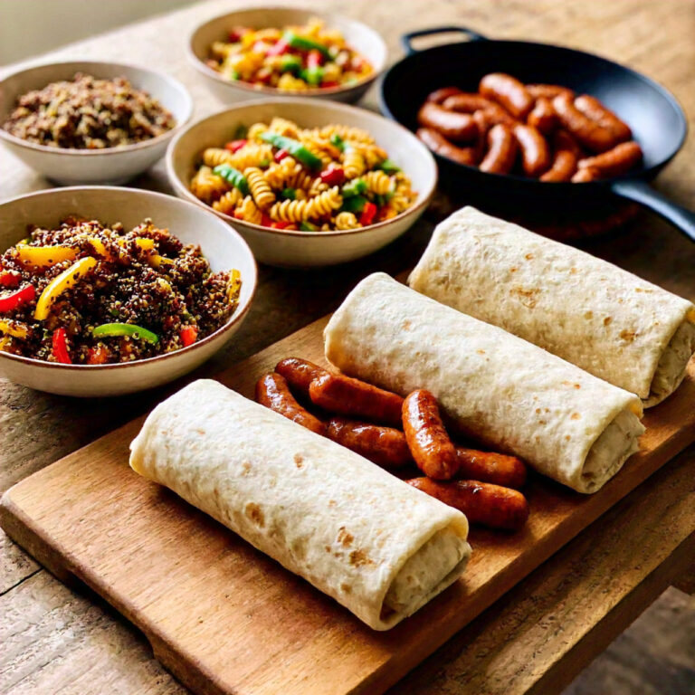 A variety of turkey sausage dishes displayed on a rustic wooden table.