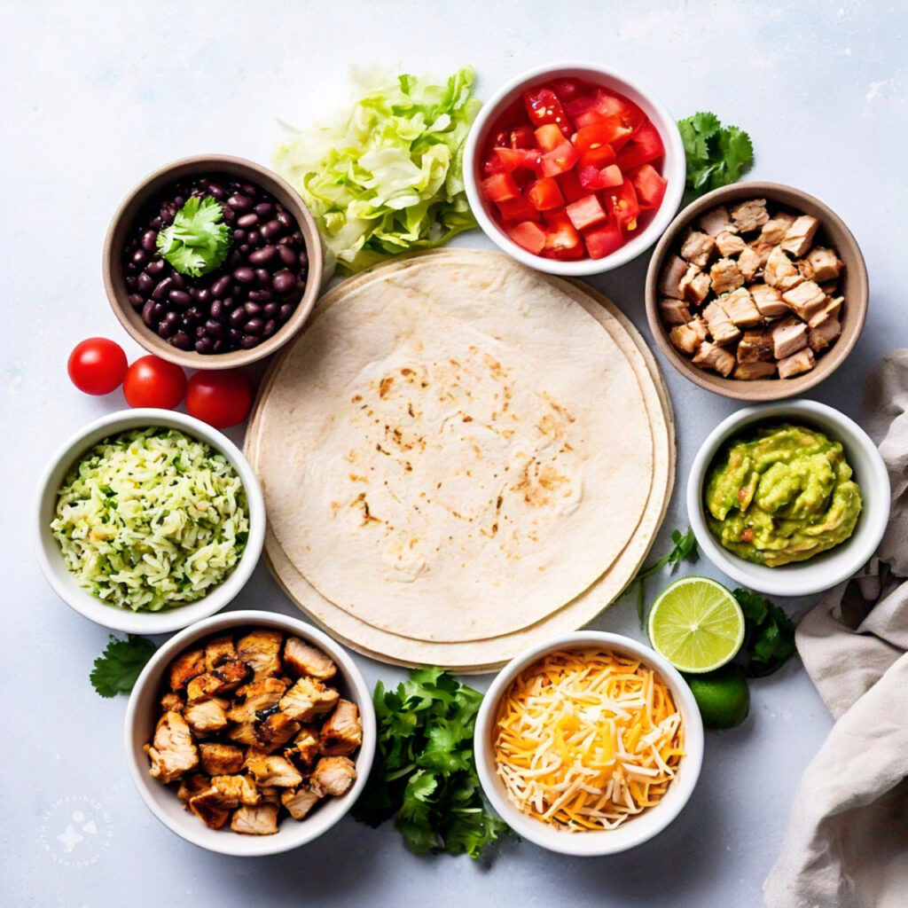 A variety of burrito fillings including grilled chicken, rice, beans, guacamole, and fresh vegetables arranged neatly on a kitchen counter.