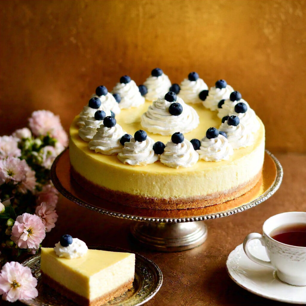 Whole Biltmore Cheesecake with whipped cream and blueberries on a cake stand, with a sliced piece served on a plate.