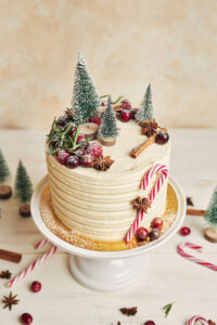 Traditional Christmas cake with royal icing and festive decorations