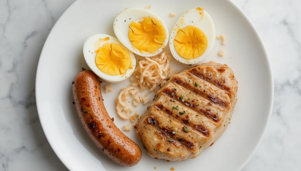 Turkey sausage with chicken breast and eggs
