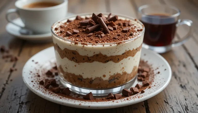 A perfectly layered tiramisu in a glass dish, dusted with cocoa powder and garnished with chocolate shavings, served on a rustic wooden table with a cup of espresso beside it.