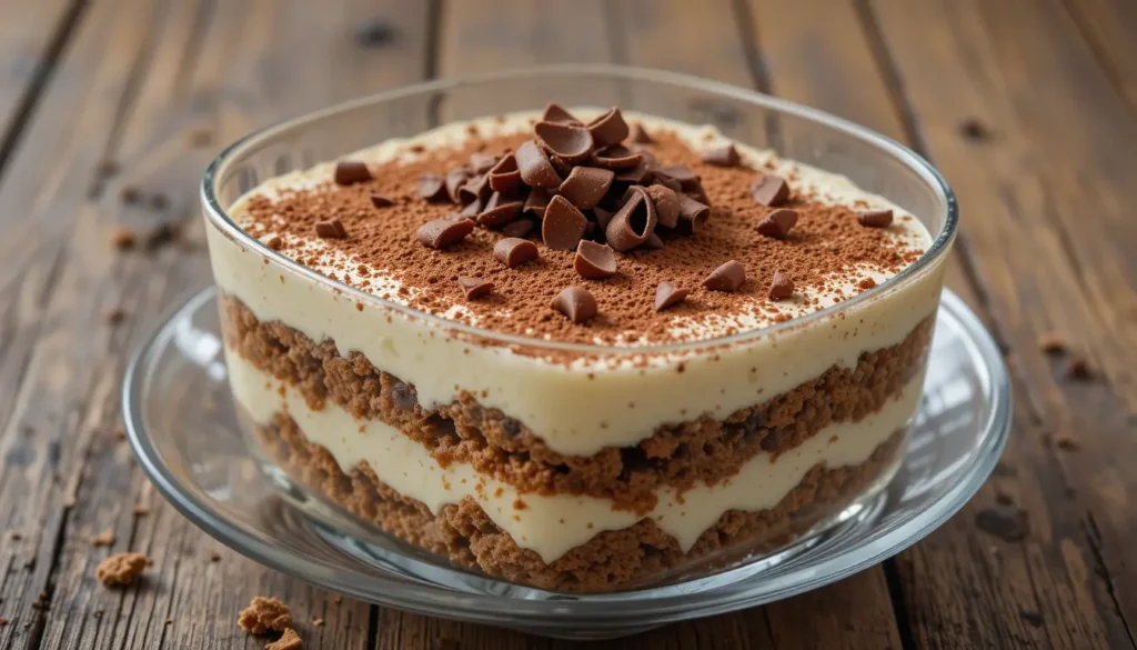 A beautifully plated Gordon Ramsay alcohol-free tiramisu, layered with creamy mascarpone and cocoa powder, served in a glass dish.