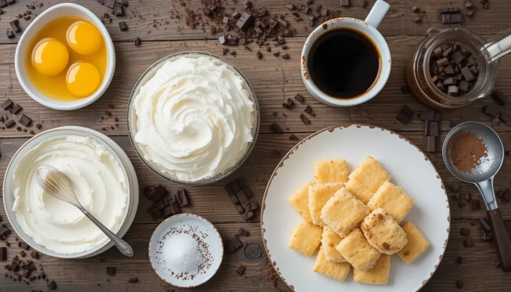 A beautifully arranged flat lay of tiramisu ingredients on a rustic wooden table. A bowl of creamy mascarpone cheese, fresh egg yolks in a small dish, a whisk, and a bowl of whipped cream. Next to them, a cup of strong brewed espresso with a spoon resting beside it, a plate of ladyfingers stacked neatly, a small dish of sugar, a jar of honey or maple syrup, and a sifter filled with cocoa powder. Dark chocolate shavings are sprinkled around for garnish, creating a cozy and inviting dessert-making scene