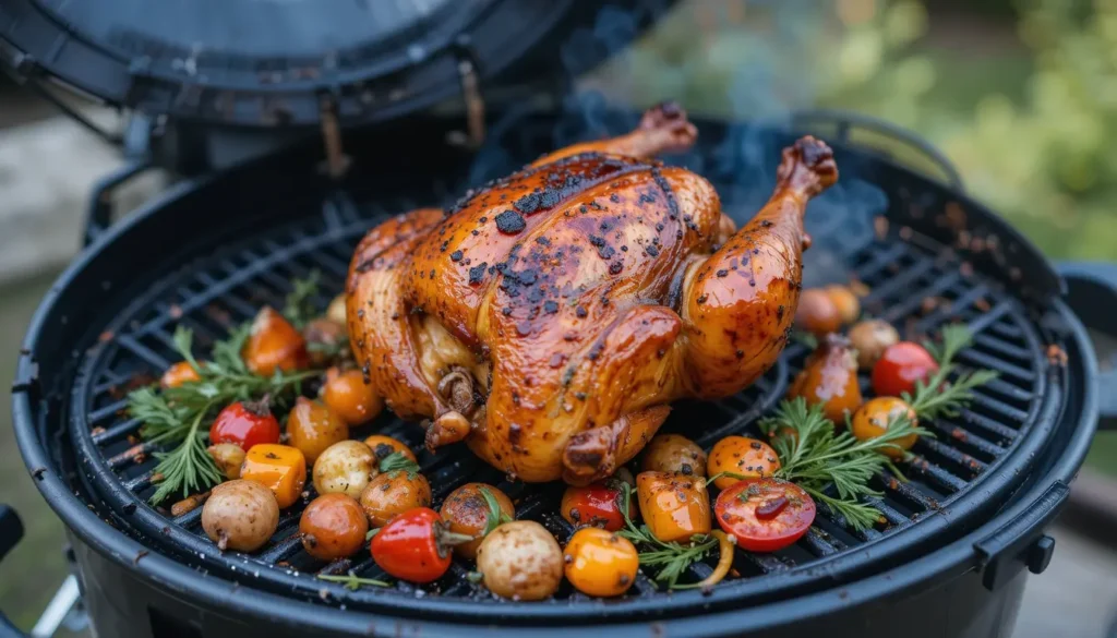 What is Good to Cook on a Traeger? 3 Whole chicken and roasted vegetables on a grill.