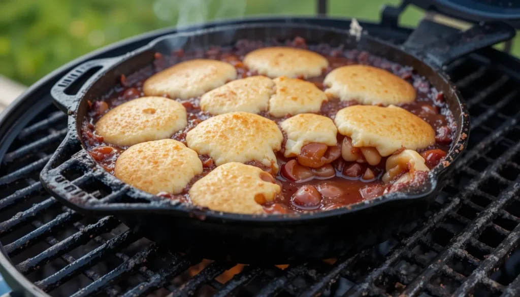 What is Good to Cook on a Traeger? 5 Skillet cobbler with fresh fruit on a grill.