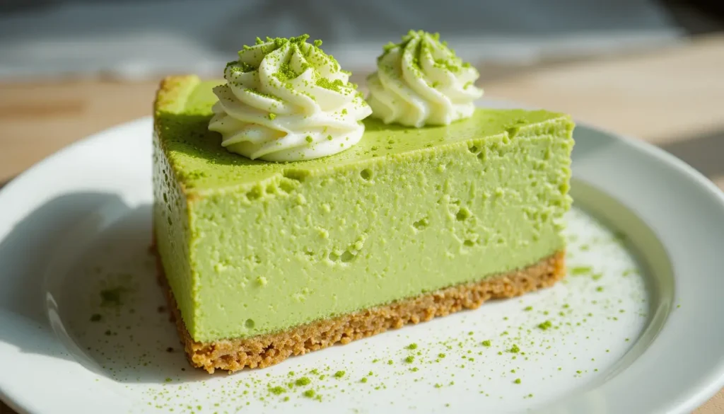 A vibrant matcha cheesecake slice garnished with powdered matcha and whipped cream.