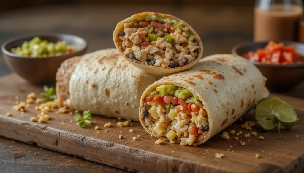 A classic burrito filled with the most common ingredients, including rice, beans, protein, and fresh vegetables, wrapped in a flour tortilla.