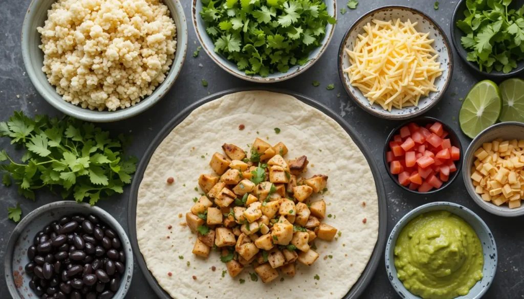 picture of What Are the Most Common Ingredients in a Burrito. A variety of burrito fillings including grilled chicken, rice, beans, guacamole, and fresh vegetables arranged neatly on a kitchen counter.