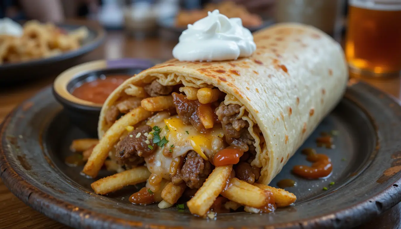 A regional-style burrito featuring carne asada, fries, and melted cheese, inspired by California burrito variations.