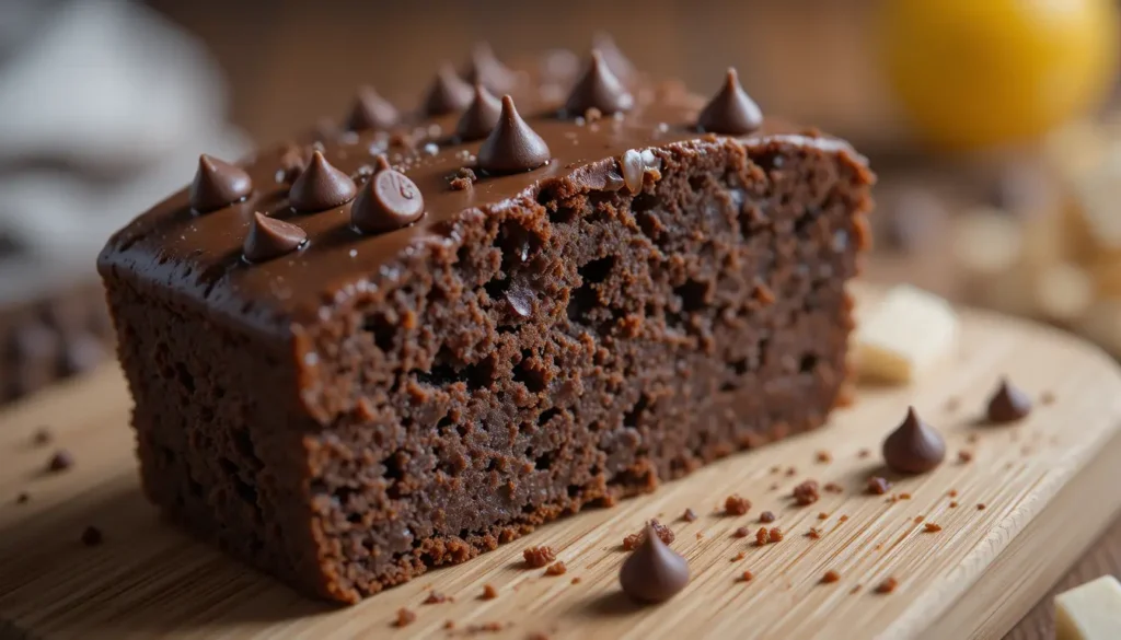 Chocolate protein cake on a cutting board with slices showing its dense texture