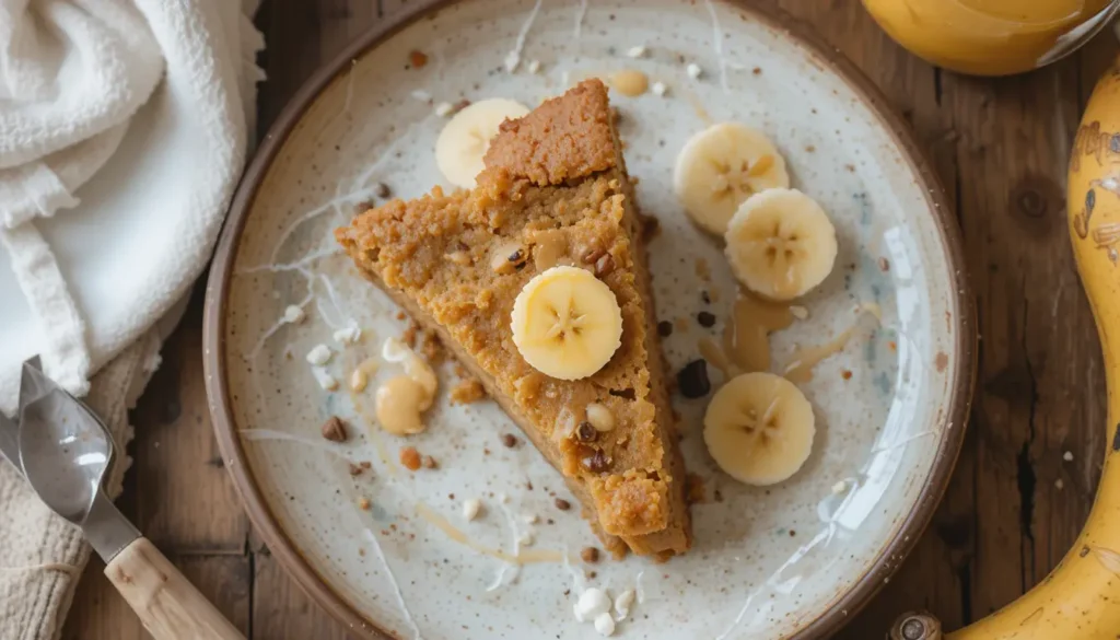 Low-carb almond coconut protein cake with a golden crust, sliced into pieces on a plate