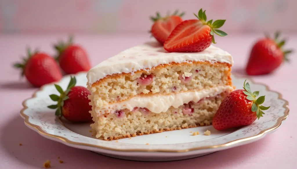 Gluten-free strawberry protein cake with fresh strawberries on top and a light frosting