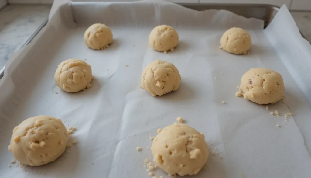 Cookie dough balls on a parchment-lined baking sheet.