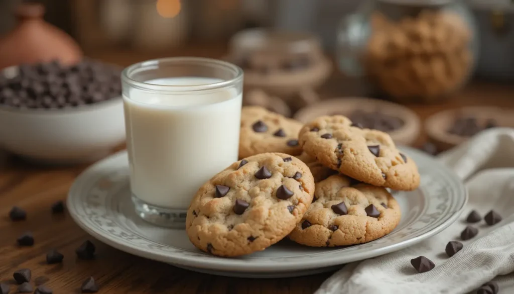 Small batch chocolate chip cookies served with a glass of milk.