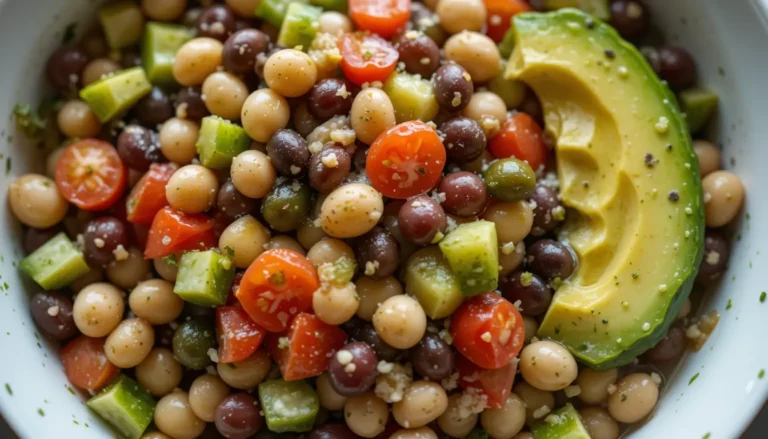 Dense Bean Salad 11 A vibrant bowl of dense bean salad with colorful vegetables and a drizzle of dressing.