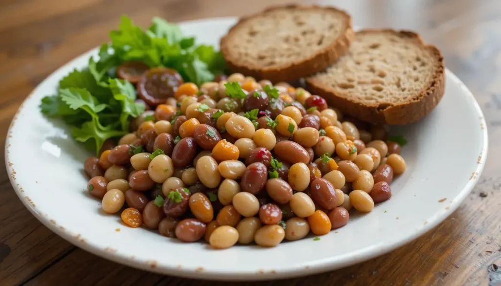 Dense Bean Salad 10 A beautifully plated serving of dense bean salad with a side of whole grain bread