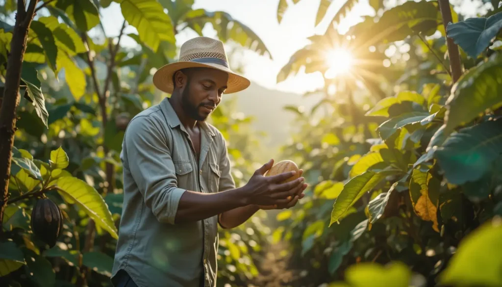 A chocolate maker processing rare cocoa beans using traditional and sustainable methods