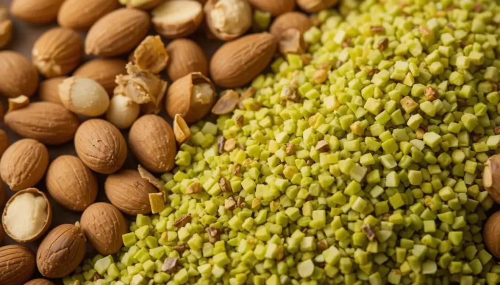 Most Famous Arabic Desserts: Baklava, Kunafa & More 3 A close-up of nuts like pistachios and almonds used in Most Famous Arabic Desserts.
