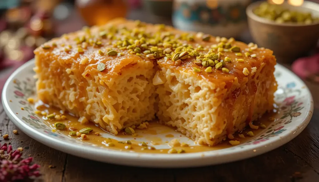 Most Famous Arabic Desserts: Baklava, Kunafa & More 4 A hot serving of Kunafa topped with crushed pistachios and soaked in syrup.