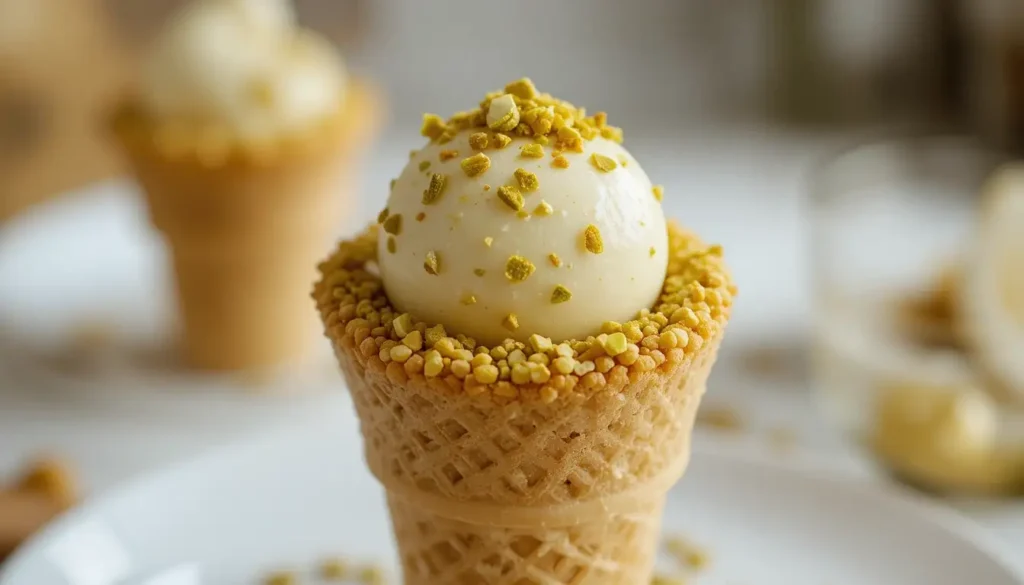 Most Famous Arabic Desserts: Baklava, Kunafa & More 5 A creative, modern twist on Kunafa served in a cone, topped with creamy pistachio ice cream and garnished with edible gold and pistachio flakes.