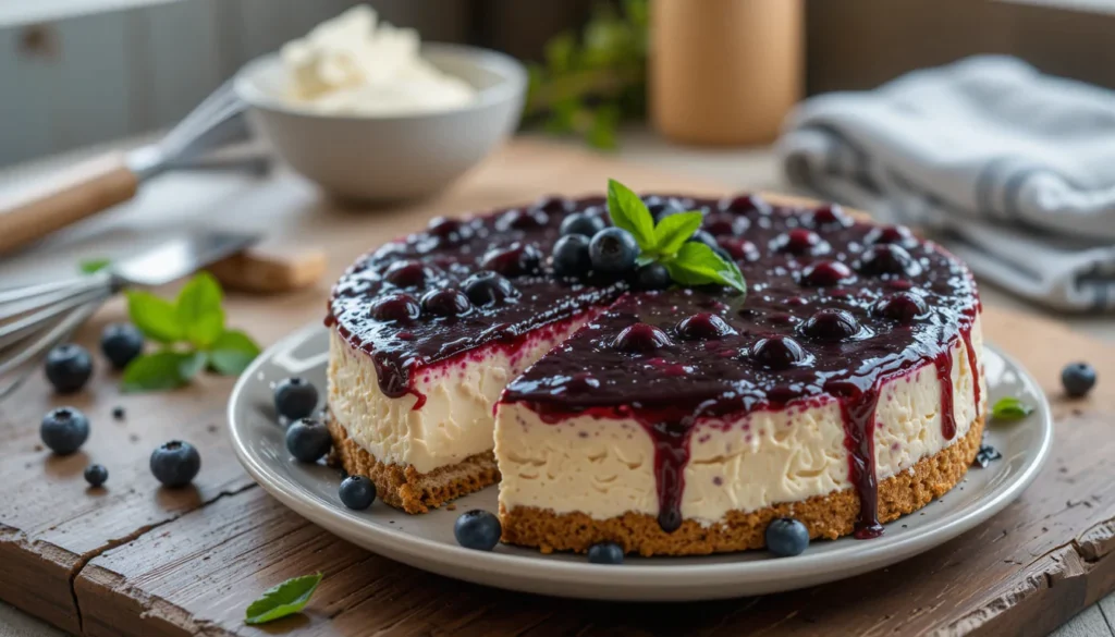 "A beautifully homemade blueberry cheesecake sits on a rustic wooden table. The cheesecake has a golden, slightly crumbly graham cracker crust, a smooth and creamy white filling, and is topped with a glossy blueberry compote with whole blueberries. A few fresh blueberries and mint leaves are scattered around the plate for decoration. Soft natural lighting from a nearby window highlights the textures and colors, giving it a warm, inviting feel. In the background, a cozy kitchen setting with a whisk, a bowl of cream cheese, and a folded kitchen towel adds a homely touch."