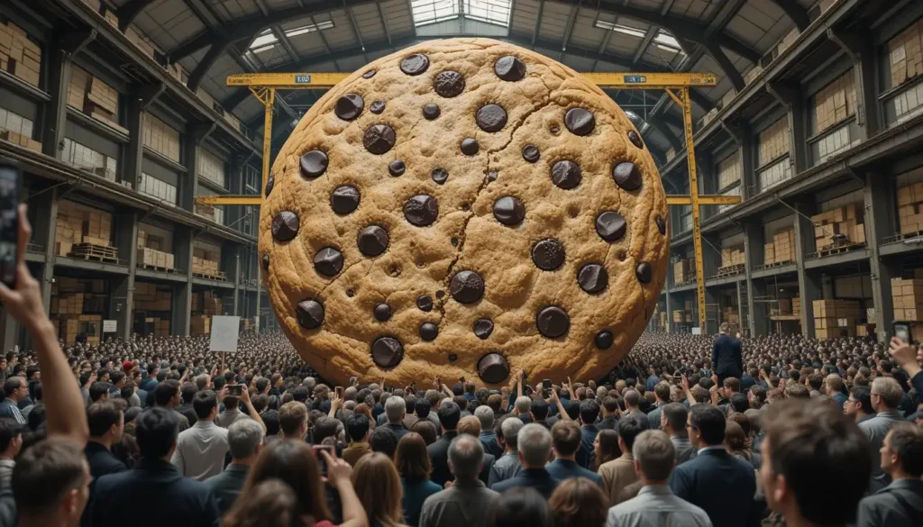 10 Interesting Facts About Chocolate Chip Cookies 4 A giant chocolate chip cookie being measured by people.