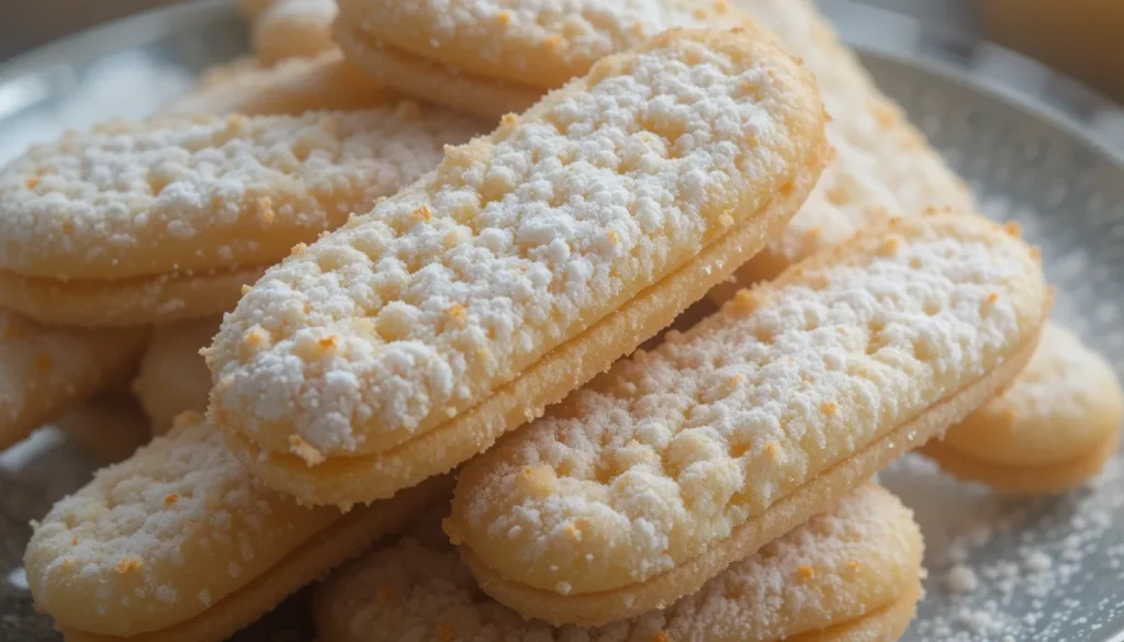 Where Did Lady Finger Cookies Originate? 6 Close-up of traditional ladyfinger cookies stacked neatly.