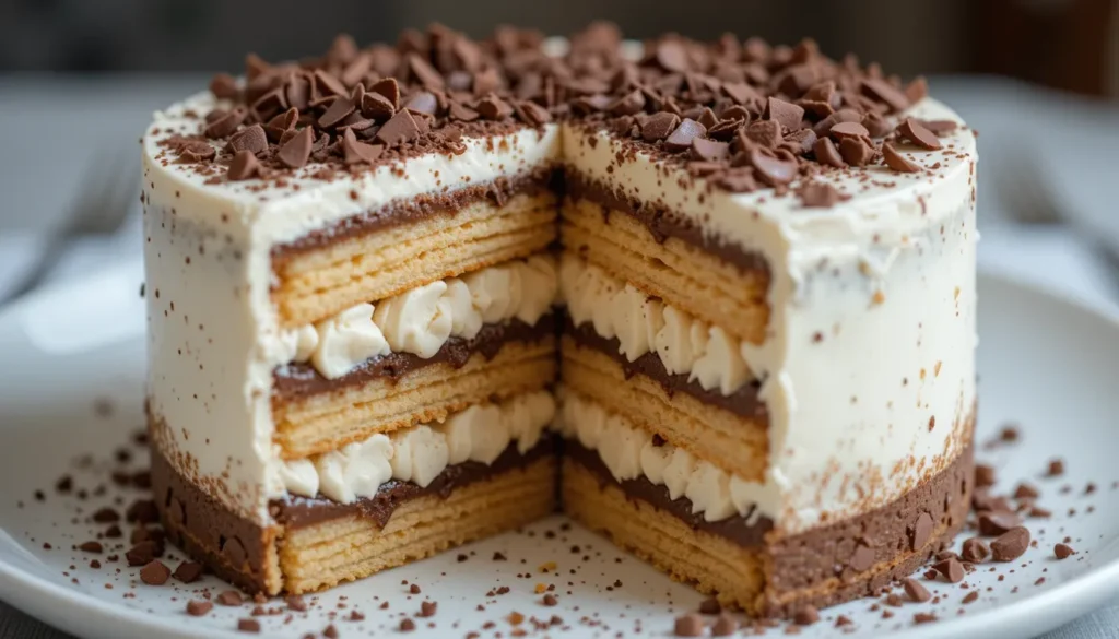 Where Did Lady Finger Cookies Originate? 7 Layered icebox cake with visible ladyfingers and cream layers.