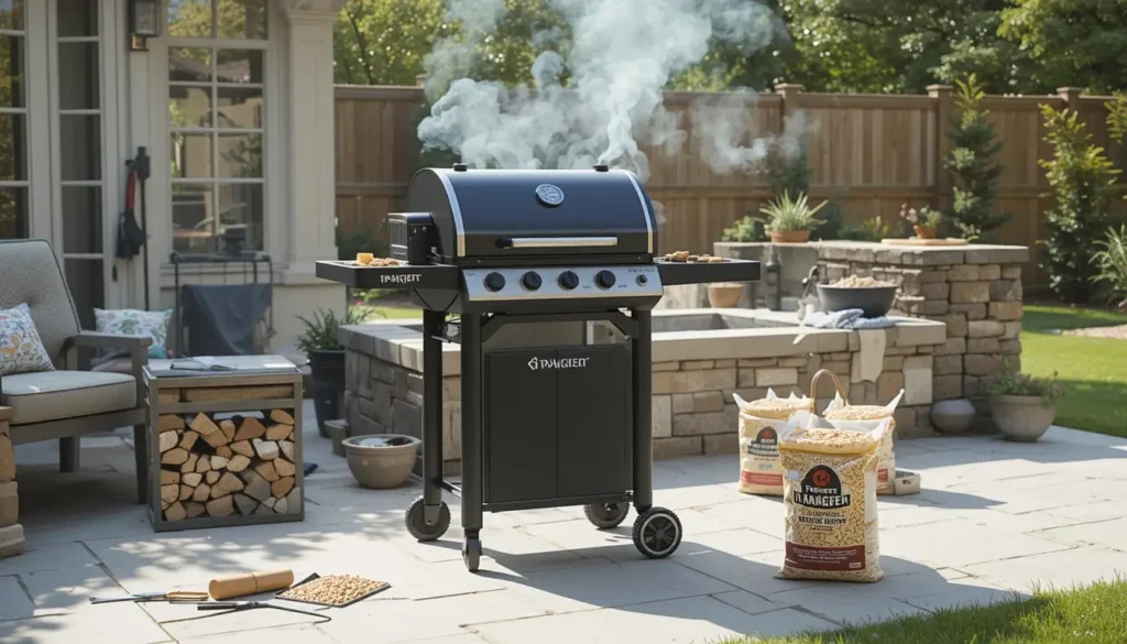 A Traeger grill with wood pellets and grilling tools.