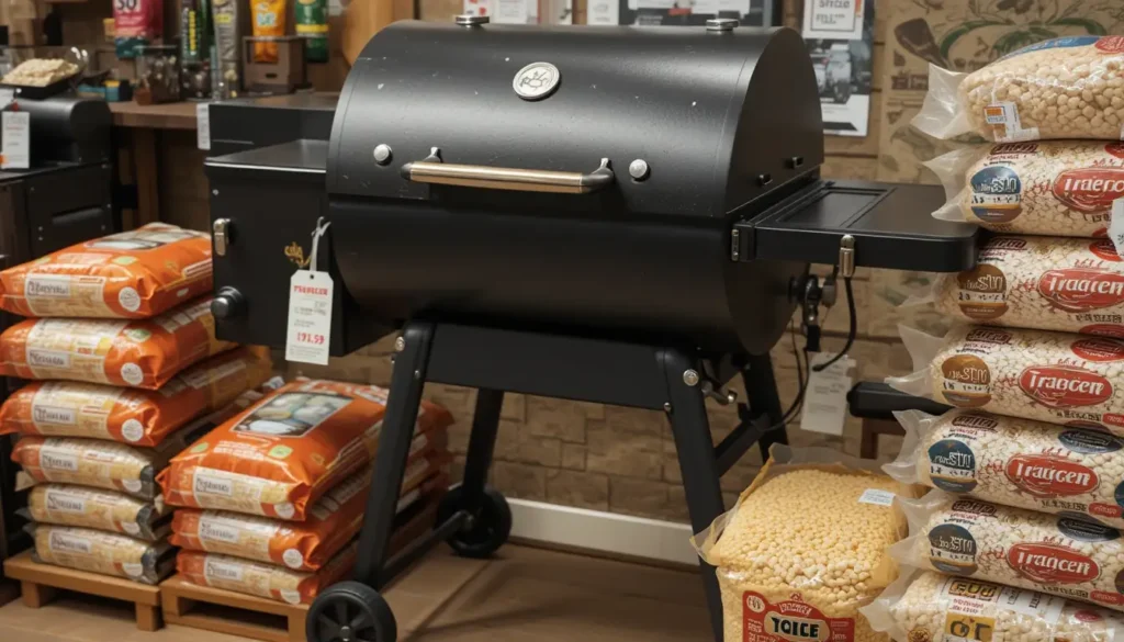 Price tags and bags of wood pellets next to a Traeger grill.