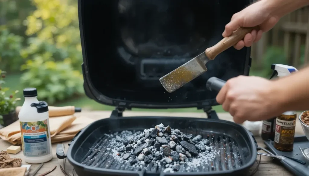 A person cleaning a Traeger grill with tools and ash around.