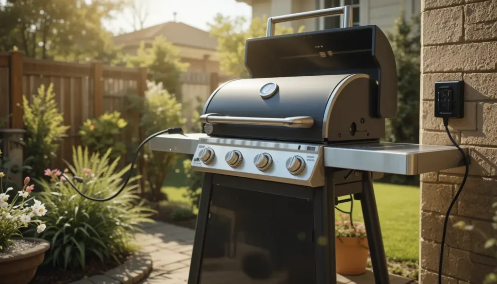 A Traeger grill plugged into an outlet with an outdoor power cord.