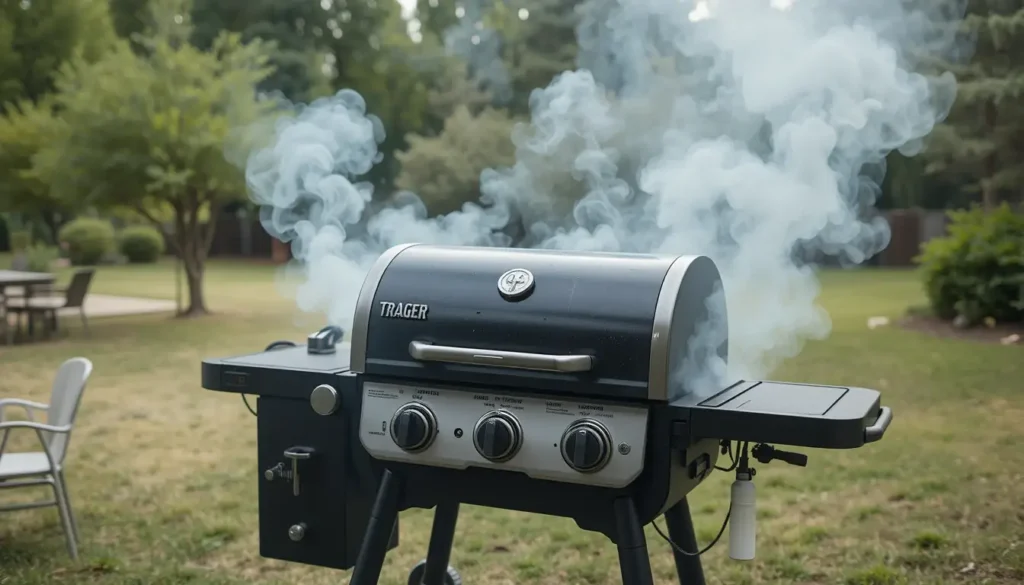 Smoke rising unevenly from a Traeger grill in windy conditions, showing the Cons of Traeger grills