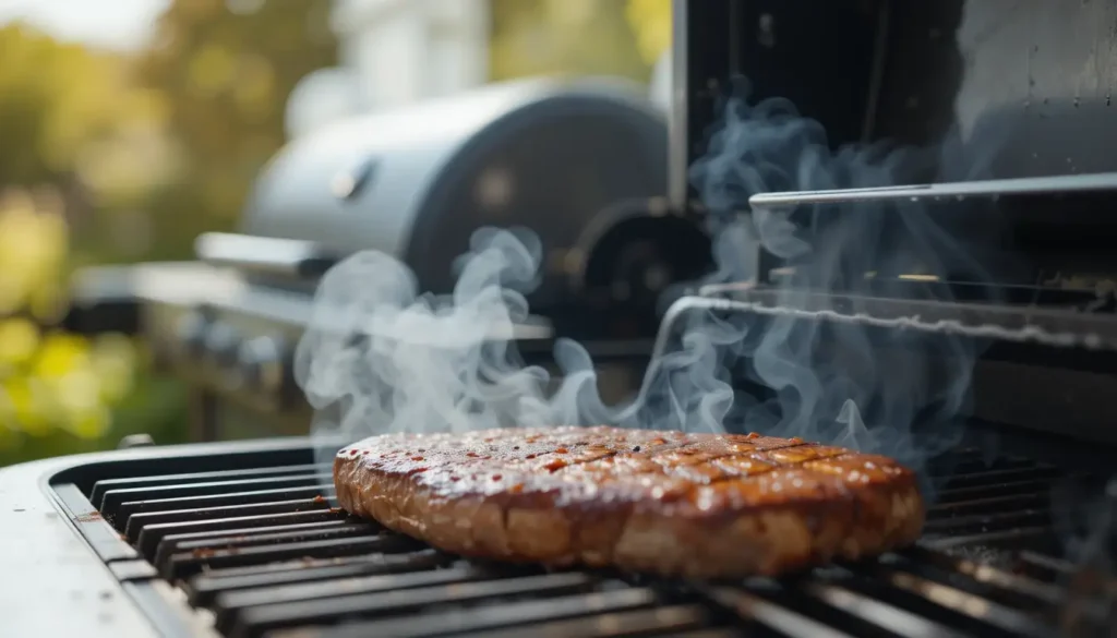 A steak searing on a gas grill next to a Traeger grill in the background