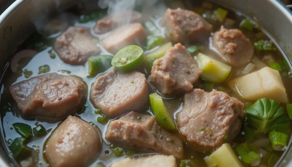 Is Filipino Sinigang Healthy? 3 A close-up of freshly prepared sinigang with a ladle in the pot.