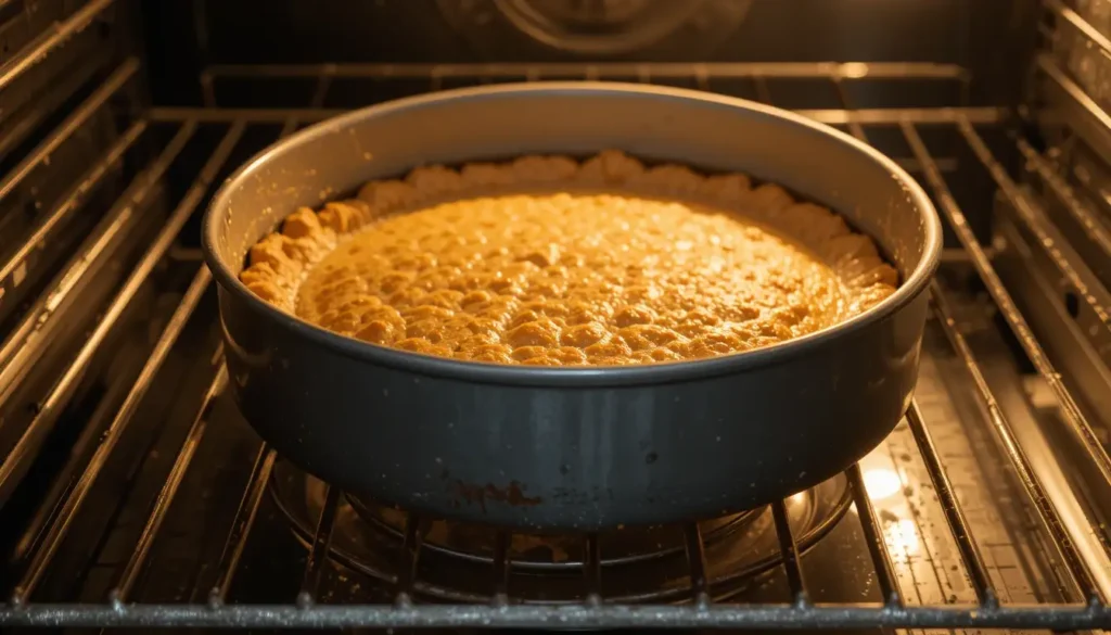 Pre-baking a cheesecake crust in the oven.