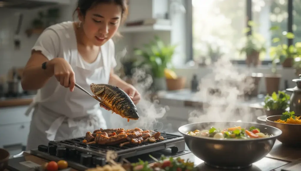 Is Philippine Food Healthy? 5 A modern kitchen setup with healthier Filipino dishes being prepared, such as grilled fish and vegetable soup.