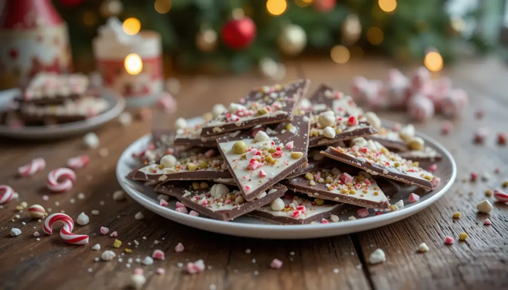 Classic Christmas Bark Recipe with dark and white chocolate, candy canes, and pistachios, served on a wooden table with holiday decorations.