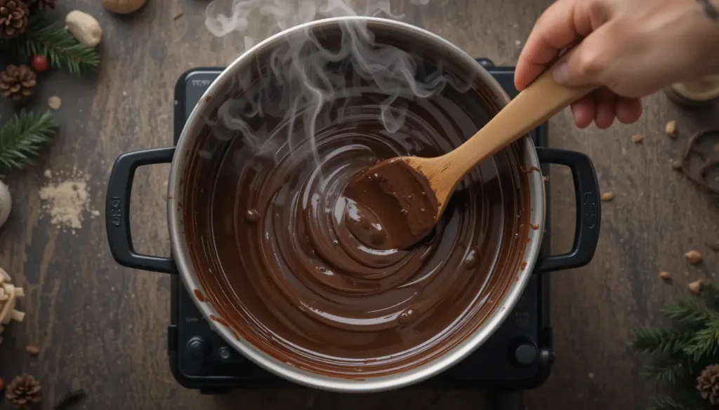 Smooth, melted chocolate being stirred in a bowl over a double boiler, essential for a perfect Christmas Bark Recipe.

