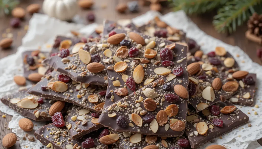 Healthy Christmas Bark Recipe made with dark chocolate, almonds, cranberries, and superfoods like chia and pumpkin seeds.